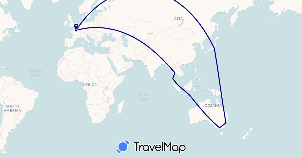 TravelMap itinerary: driving in Australia, France, Equatorial Guinea, Indonesia, Japan, Singapore, Thailand (Africa, Asia, Europe, Oceania)